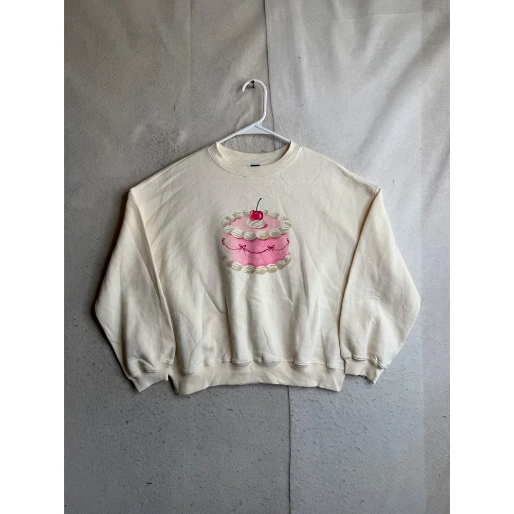 Old Navy Girls Cream Pink Cherry Cake Graphic Crewneck Sweatshirt XL 14-16 NEW